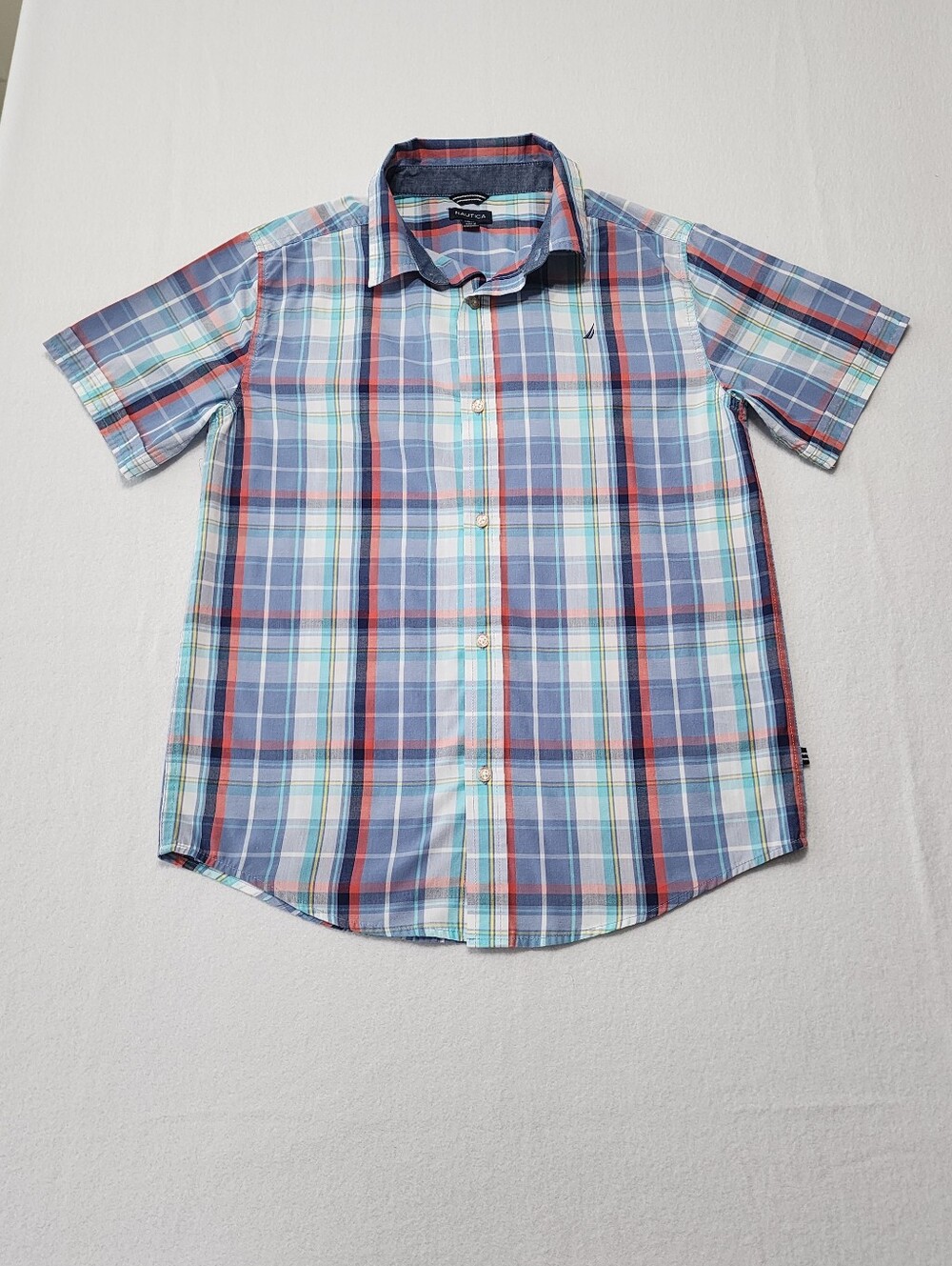 Nautica Boys Plaid Button Down Shirt XL 18 20 Blue Red Short Sleeve
